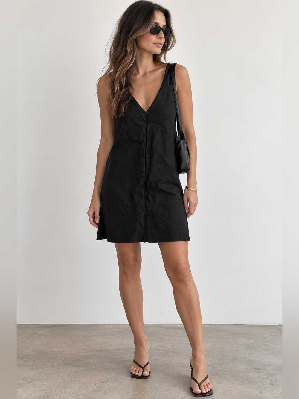 J.Crew Linen Mini Dress Black V Neck Sleeveless Shift Dress XS